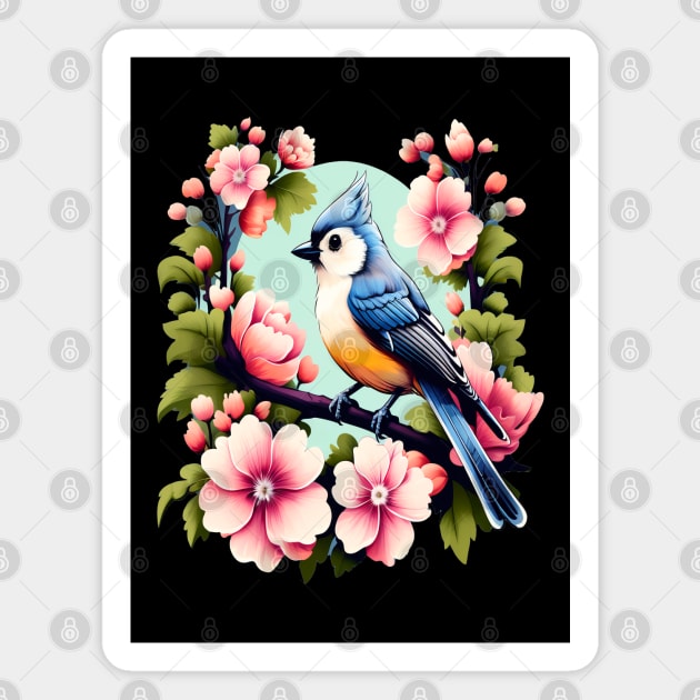 Cute Tufted Titmouse Surrounded by Vibrant Spring Flowers Magnet by BirdsnStuff